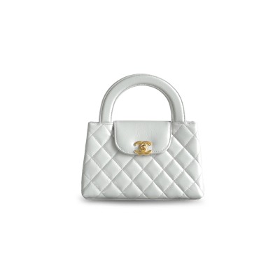 CHANEL MASTER KELLY SHOPPER MILK GRAY GLOSSY DISTRESSED CALFSKIN BRUSHED GOLD HARDWARE AS4416 (19*13*7cm)